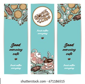 Set of design template with hand drawn cookies, coffee beans, croissant, sweets and sugar