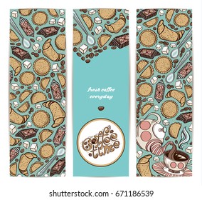 Set of design template with hand drawn cookies, coffee beans, croissant, sweets and sugar