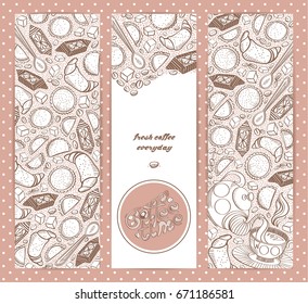 Set of design template with hand drawn cookies, coffee beans, croissant, sweets and sugar