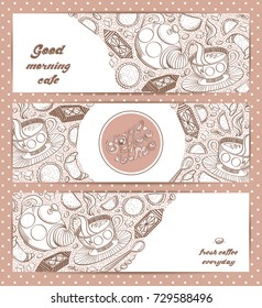 Set of design template with hand drawn cookies, coffee beans, croissant, sweets and sugar