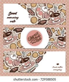 Set of design template with hand drawn cookies, coffee beans, croissant, sweets and sugar