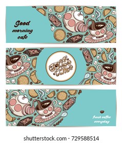 Set of design template with hand drawn cookies, coffee beans, croissant, sweets and sugar