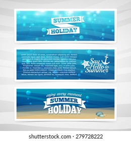 Set design template horizontal banners. Underwater background with sand, waves, flares. Logos with marine elements. Place for your text. Vector.