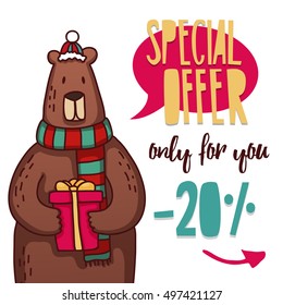 Set design template New Year's discount banner. Christmas poster with a cute bear for sale. Character christmas sale with Doodle Bear. Vector.