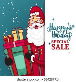 Set design template New Year's discount banner. Christmas poster with a cute Santa Claus for sale. Christmas sale with discount bubble  and cartoon gift box. Xmas advertising for sale. Vector