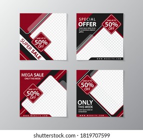 Set of design template for social media post and feed promotion with maroon and black style design. Modern style design