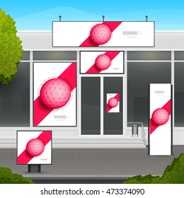 Set of design template for store of market facade. Branding for outdoor advertising or corporate identity. Graphics elements with geometric polygonal sphere.