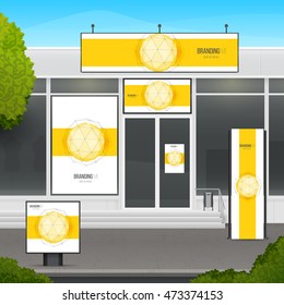 Set of design template for store of market facade. Branding for outdoor advertising or corporate identity. Graphics elements with geometric polygonal sphere.