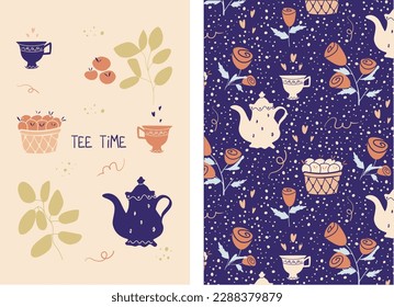 set design template: tea set, basket of apples, greens, mugs and a pattern with teapots and roses on a dark background.