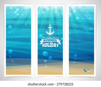 Set design template vertical banners. Underwater background with sand, bubble, waves, flares. Logos with marine elements. Place for your text. Vector.