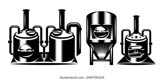 Conjunto de plantillas de diseño con máquinas de elaboración. Tema de la cerveza. Ilustración vectorial monocroma.