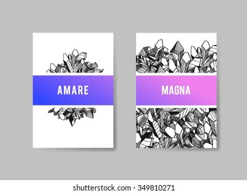 Set of Design Templates for Brochures. Abstract Hand Drawn Backgrounds. Hand Drawn Vector Templates for Design. Underground Design With Crystals. Hand Drawn Crystals Illustration
