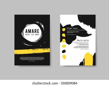 Conjunto de plantillas de diseño para folletos. Fondo Abstracto Dibujado A Mano. Plantillas de vectores dibujados a mano para volante. Diseño de volantes subterráneos. Plantillas de diseño con fondo pintado en negro y amarillo 