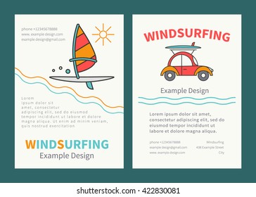 Set of design templates for brochures, flyers Windsurfing. Concept of an active summer holiday. Family holiday
