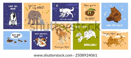 Set of design templates of cards for Mother's day. Congratulation postcards with mums animals and their cute babies. Lettering phrases of love, gifts for moms on holiday. Flat vector illustrations