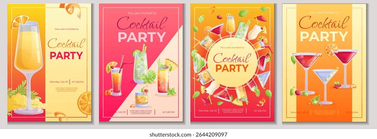 A set of design templates for cocktail party invitations. Mojito cocktail, tequila sunrise, old fashion, Manhattan, pina colada, margarita, mai tai, cosmopolitan. Vector illustration in A4 format