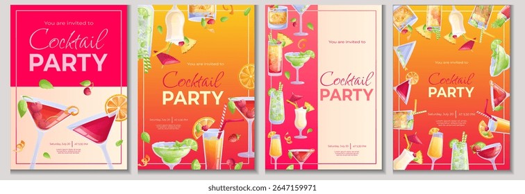 Um conjunto de modelos de design para convites de coquetéis. Coquetel mojito, nascer do sol de tequila, moda antiga, Manhattan, pina colada, margarita, mai tai, cosmopolitan. Ilustração vetorial em formato A4