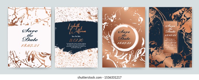 Set of design templates with copper texture, marble effect. Luxury and elegance. Copper, blue navy and white color. Suitable for wedding invitations, VIP events, covers, promotions. 
