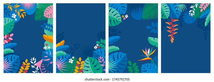 Set of design templates with copy space for text. Summer tropical floral elements as background for bright banners, greeting card, poster and advertising in social media, etc. Vector illustration.