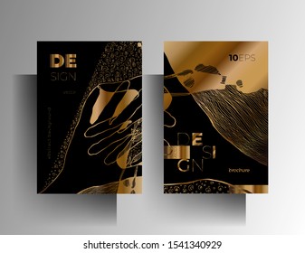 Set of design templates for cover, brochure, poster, card, background. Gold texture on a black background is manually drawn. Vector 10 EPS. A4 format.