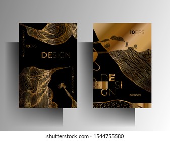 Set of design templates for cover, brochure, poster, card, background. Gold texture on a black background is manually drawn. Vector 10 EPS. A4 format.