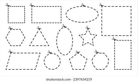 Conjunto de plantillas de diseño para cortar cupones. Objetos geométricos vectoriales de contornos sobre fondo blanco