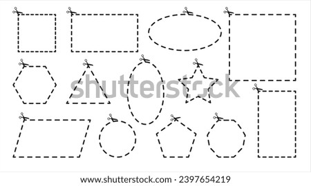 Set of design templates for cutting cupons. Vector dashed geometric objects from outlines on white backdrop