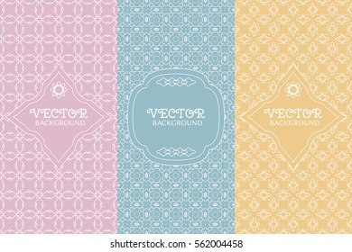 Set of design templates and elements for packaging in trendy linear style. Vertical seamless geometric patterns for cards or invitations. Stylish line backgrounds collection with place for the text
