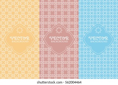 Set of design templates and elements for packaging in trendy linear style. Vertical seamless geometric patterns for cards or invitations. Stylish line backgrounds collection with place for the text