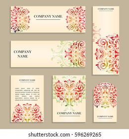 Set of design templates for flyers. Cover pattern with a handmade pattern in the form of a heart and a gradient fill. Colored vector illustration for corporate identity, form style.