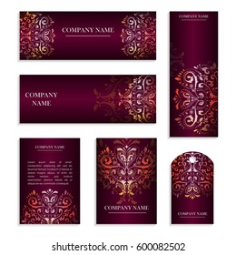 Set of design templates for flyers. Cover pattern with a handmade pattern in the form of a heart and a gradient fill. Colored vector illustration for corporate identity, form style.
