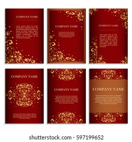 Set of design templates for flyers. Template of cover design with handmade color ornament. Colored vector illustration for corporate identity, form style.