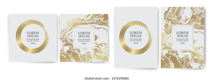 Set of design templates with golden texture, marble effect. Luxury and elegance. gold and white color. Suitable for wedding invitations, VIP events, covers, promotions. Cards, flyers, banners, coupons