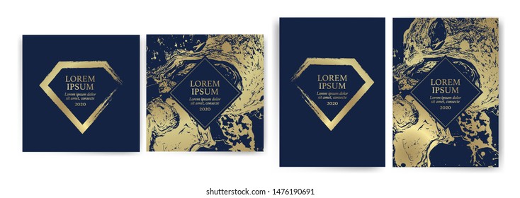 Set of design templates with golden texture, marble effect. Luxury and elegance. Gold and navy blue. Suitable for wedding invitations, VIP events, covers, promotions. Cards, flyers, banners, coupons. 