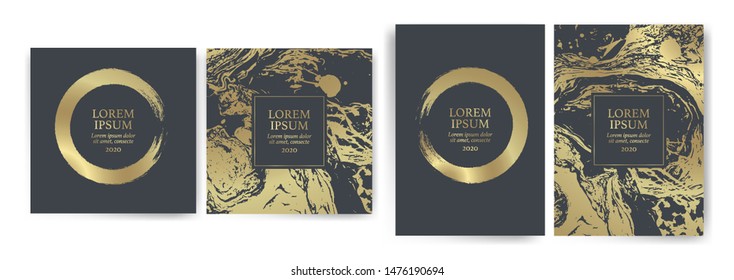 Set of design templates with golden texture, marble effect. Luxury and elegance Suitable for wedding invitations, VIP events, covers, promotions. Cards, flyers, banners, coupons. Vector