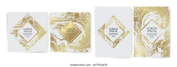 Set of design templates with golden texture, marble effect. Golden and white background with luxury look. Suitable for wedding invitations, birthdays, VIP events. Vector
