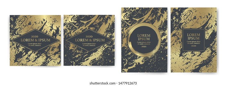 Set of design templates with golden texture, marble effect. Golden and dark gray background with luxury look. Suitable for wedding invitations, birthdays, VIP events. Vector
