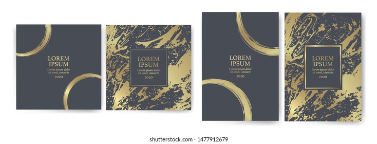 Set of design templates with golden texture, marble effect. Golden and dark gray background with luxury look. Suitable for wedding invitations, birthdays, VIP events. Vector
