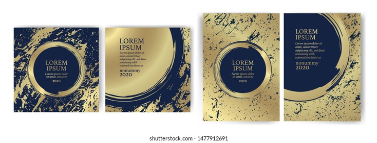 Set of design templates with golden texture, marble effect. Golden and blue background with luxury look. Suitable for wedding invitations, birthdays, VIP events. Vector