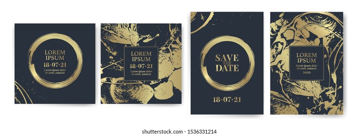 Set of design templates with golden texture, marble effect. Luxury and elegance. Gold and blue color. Suitable for wedding invitations, VIP events, covers, promotions. 