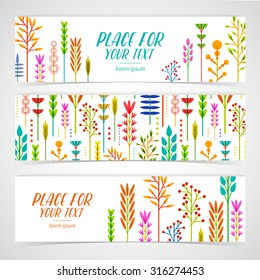 A set of design templates horizontal banners with decoration geometric frame of flowers, plants, twigs, berries in a modern style. Good for invitations, posters, postcards. Place for your text. Vector