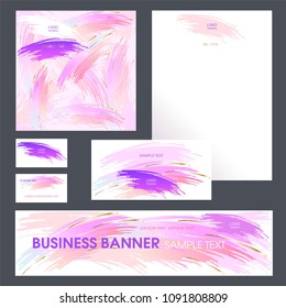 Set design templates. Invitation. Cover of broshure. Banner. Blank. Can be used in perfumery, cosmetic and fashion business. Colors and gold brush strokes.