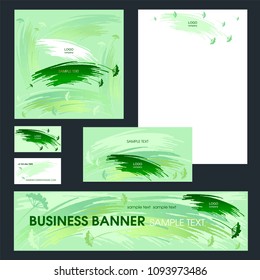 Set design templates. Invitation. Cover of broshure. Banner. Brush strokes in green tones and green twigs.