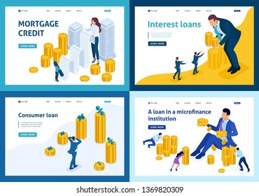 Set of design templates, isometric concept of Bank loans, credit, loan, interest payment