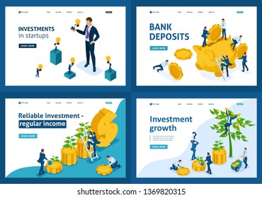 Set of design templates, isometric concept of investment types, Bank Deposit, investment, crowdfunding