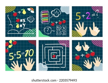 Set of design templates for mental math school, math course, creative children. AgainCounting on Your Fingers. Math. Labyrinth. Puzzles. Modern design vector illustration concept for website design.