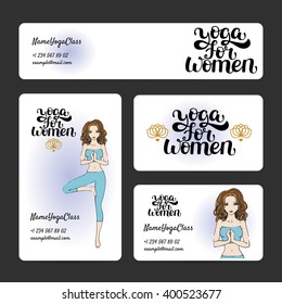 Set of design templates for print: card, banners, tags, advertisement. Yoga posture Vrikshasana - tree pose. Lettering "Yoga for women". Hand drawn vector illustration.