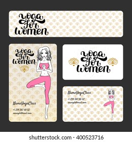 Set of design templates for print: card, banners, tags, advertisement. Yoga posture Vrikshasana - tree pose. Lettering "Yoga for women". Hand drawn vector illustration.