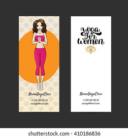 Set of design templates for print: card, banners, tags, advertisement. Yoga posture Tadasana - mountain pose, Vrikshasana - tree pose. Lettering "Yoga for women". Hand drawn vector illustration.