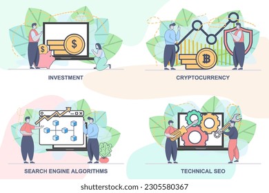Set of design templates for SEO business composition with people characters. Modern vector illustration concepts. perfect for web design, banner, mobile app, landing page.